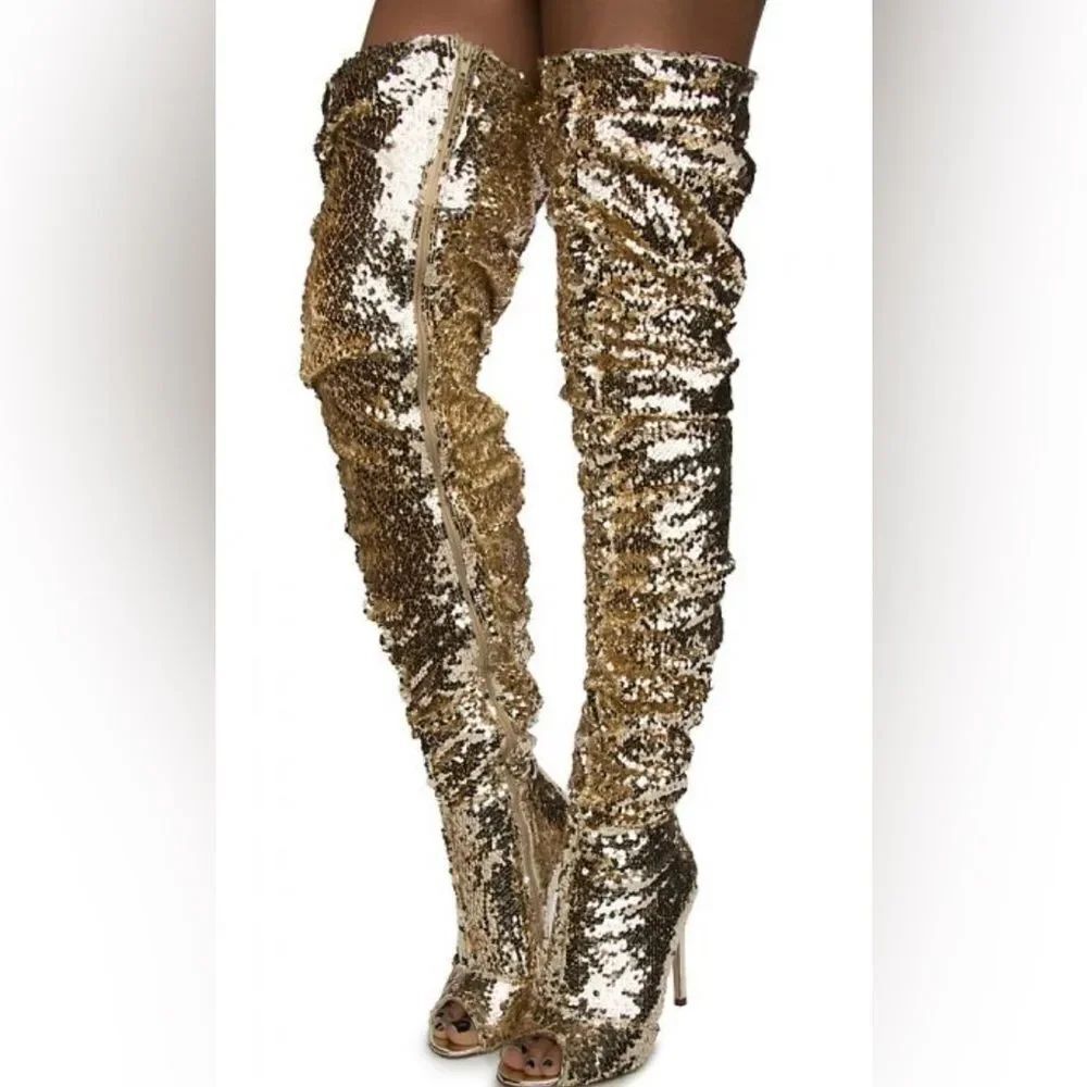 Elegant Collection Gold Sequin Over-the-Knee ruched open toe Boots, US7